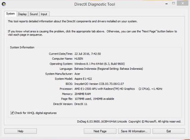 Melalui DirectX Diagnostic Tool
