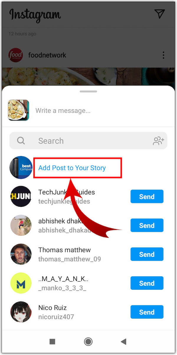 Berikutnyapilih icon Send, lalu pilih Add post to your story untuk post postingan ke stori instagram