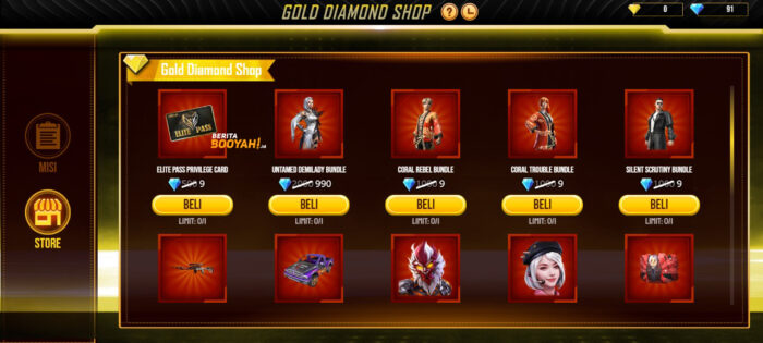 Items from FF Gold Diamond Shop Redeem Code